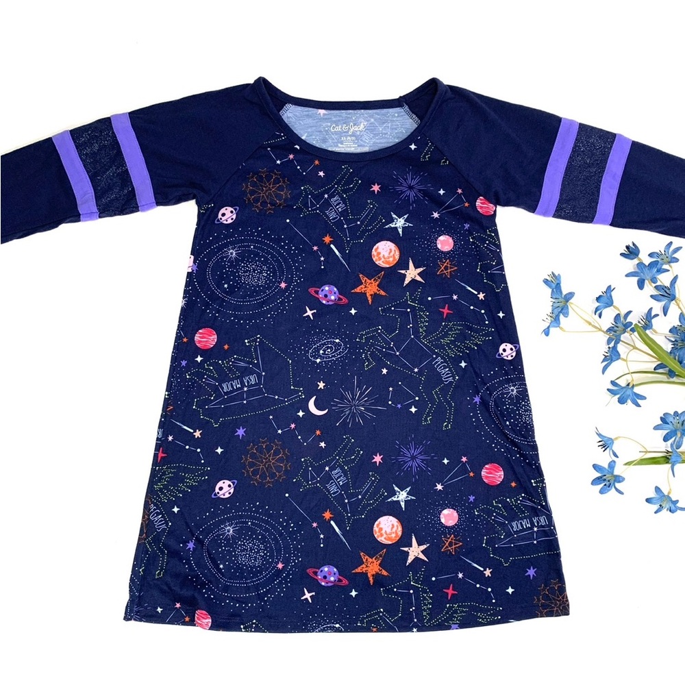 Cat & Jack Girls Blue Purple Long Sleeve Astrology Graphic Nightgown - XS (4/5)